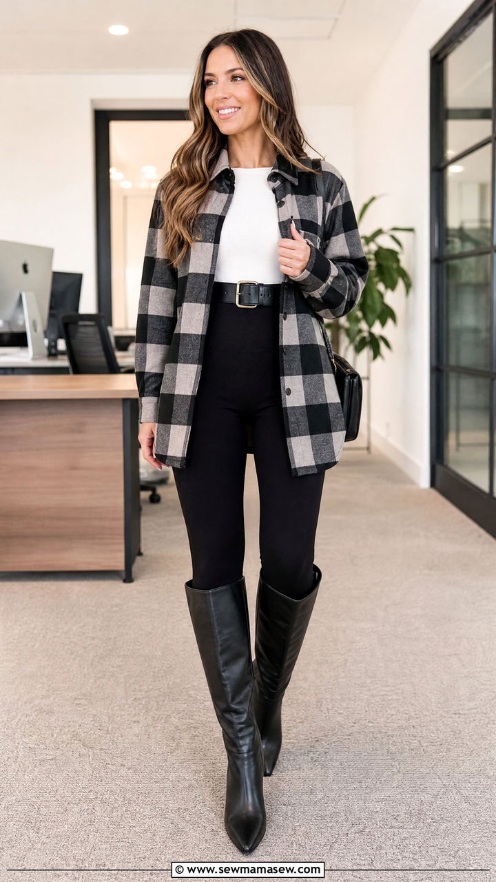 Shacket with Leggings and Knee High Boots - 25 Business casual outfits with boots