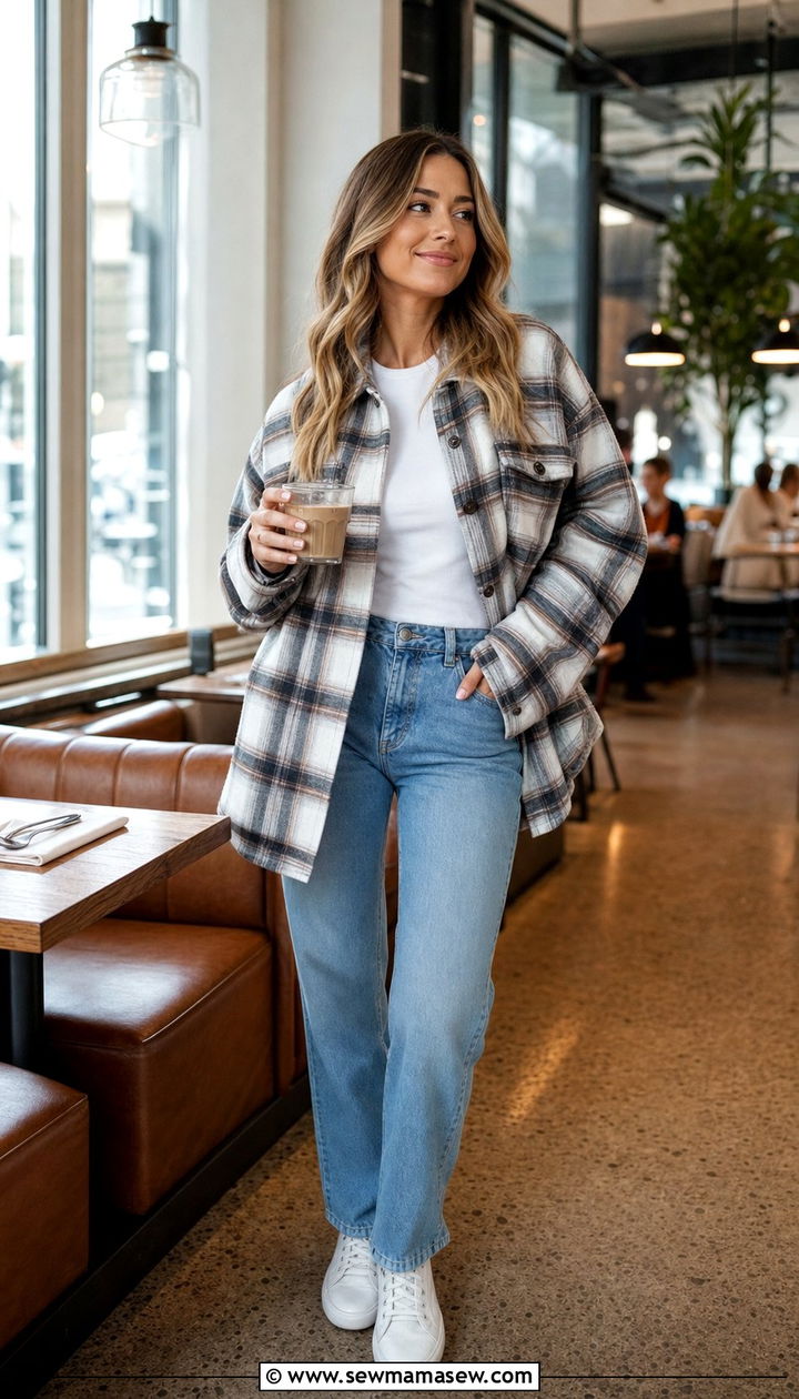 Shacket with Straight Leg Jeans and Sneakers - 35 Bottomless brunch outfits