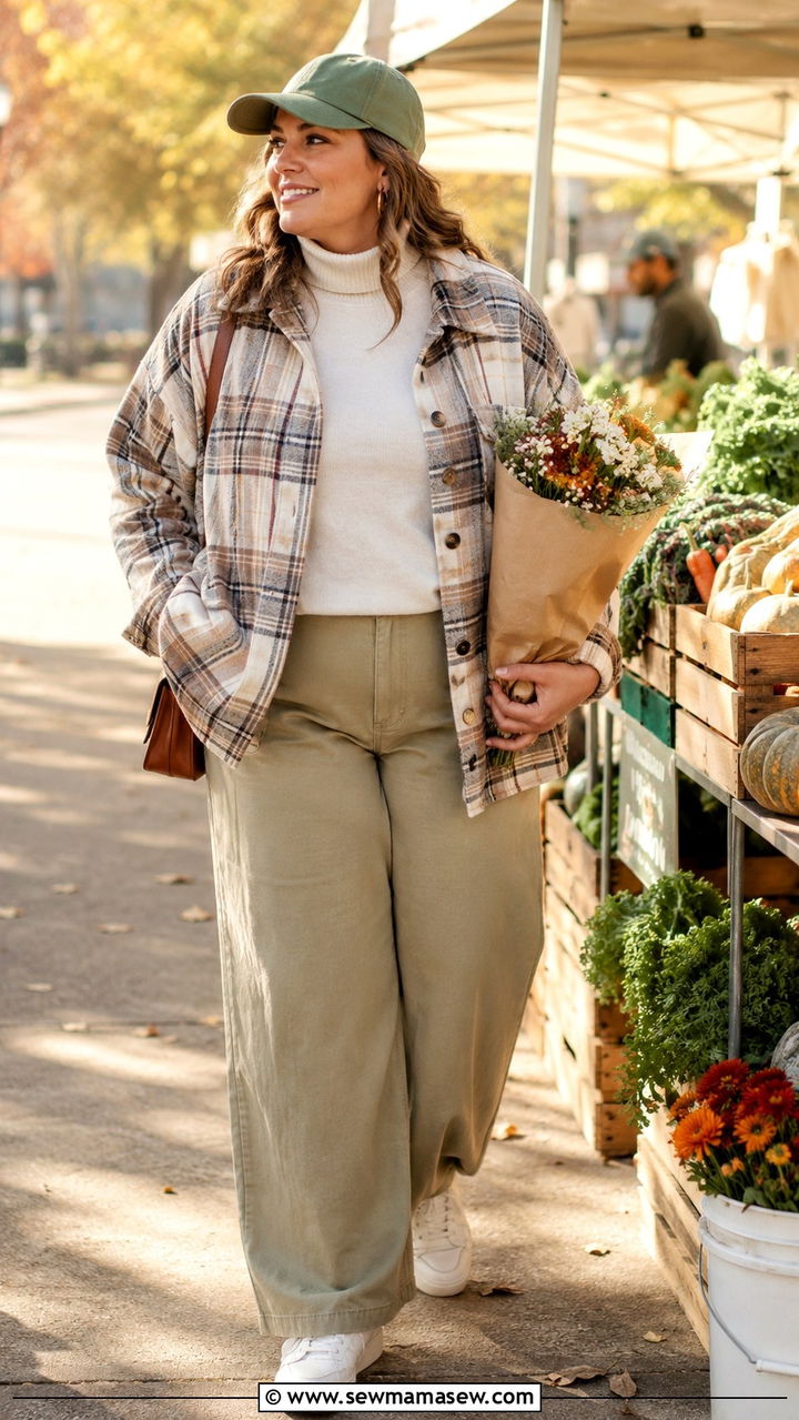 Shacket with Turtleneck and Wide Leg Pants - 30 transitional midsize outfit ideas