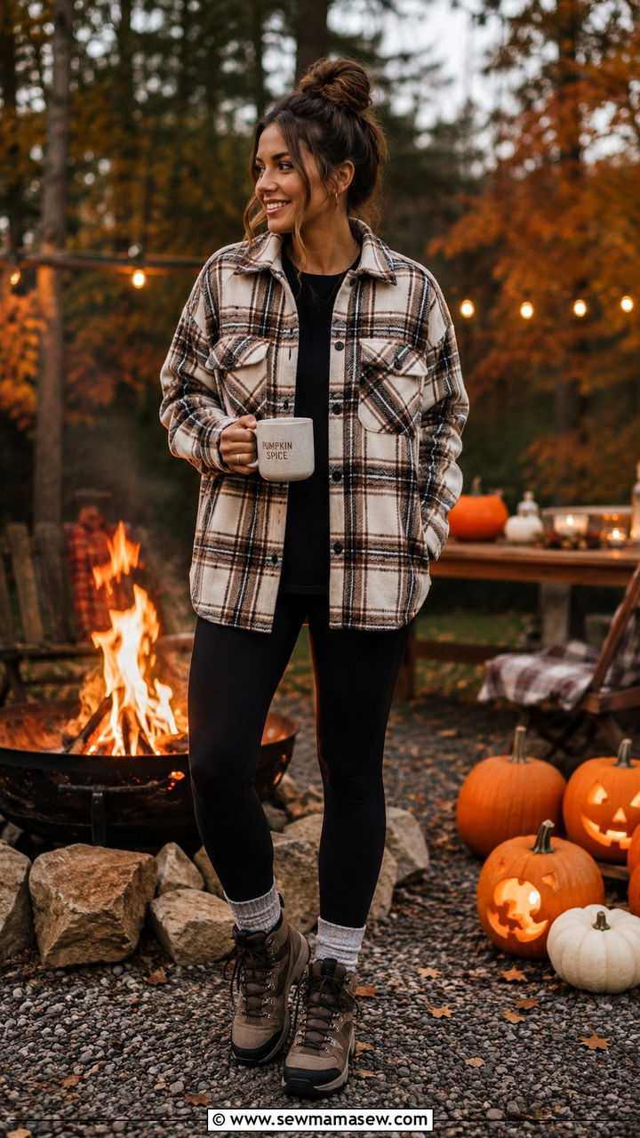 Shacket with black leggings and lace up hiking boots - 30 Pumpkin carving party outfit ideas