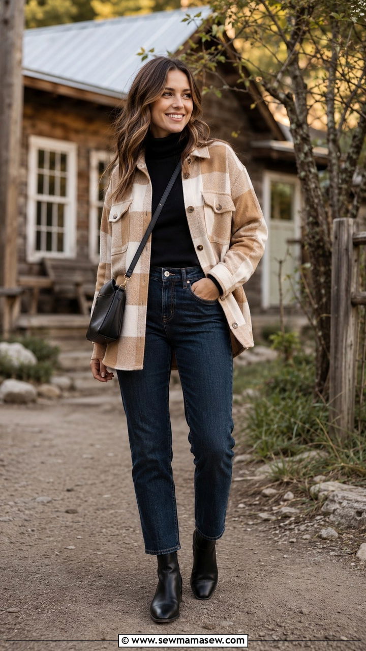 Shacket with turtleneck and straight leg jeans - 30 classy jacket outfits