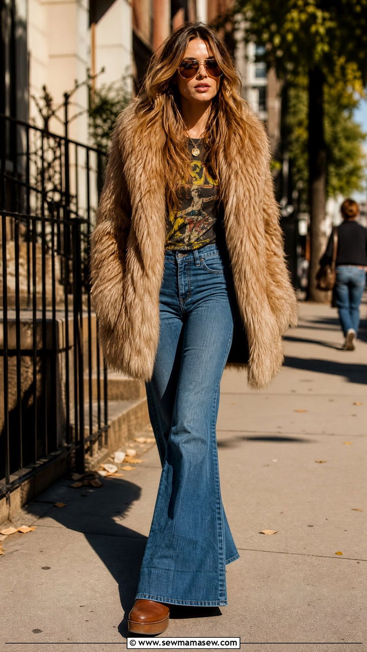Shaggy Faux Fur Coat With Flared Jeans - 30 Faux fur coat outfit ideas