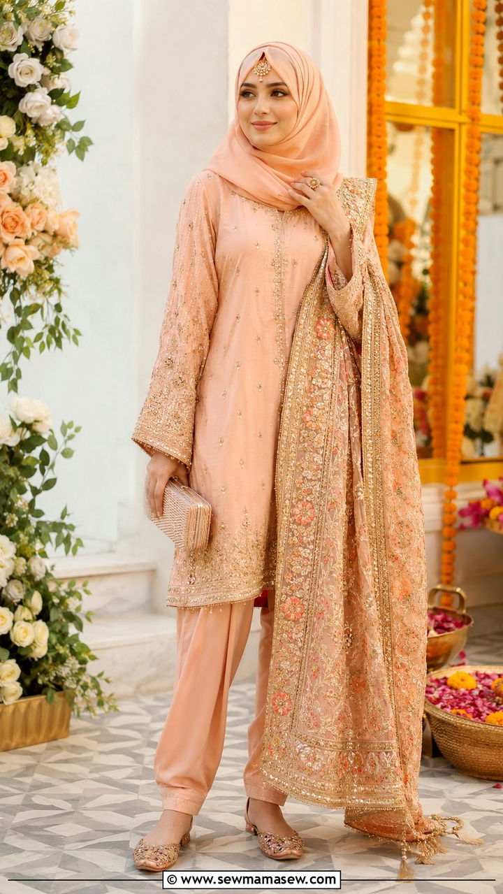 Shalwar Kameez With Embroidered Dupatta - 30 Modest wedding guest outfit ideas for Muslim women