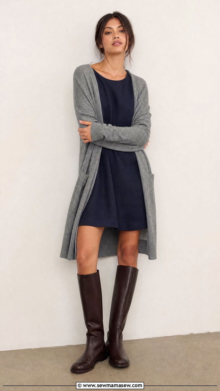 Shapeless shift dress with a long cardigan and flat knee high boots - 25 Petite outfit ideas to avoid