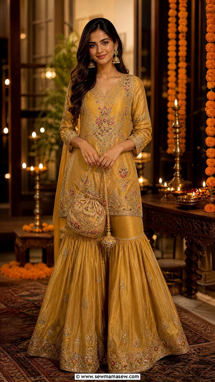 Sharara Kurta Set With Embroidered Potli Bag - 30 Coord set outfit ideas for festival