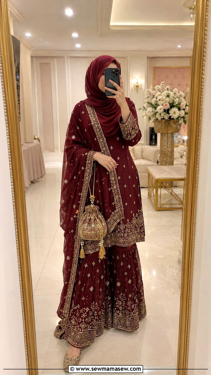 Sharara Set With Dupatta And Hijab - 30 Modest wedding guest outfit ideas with hijab