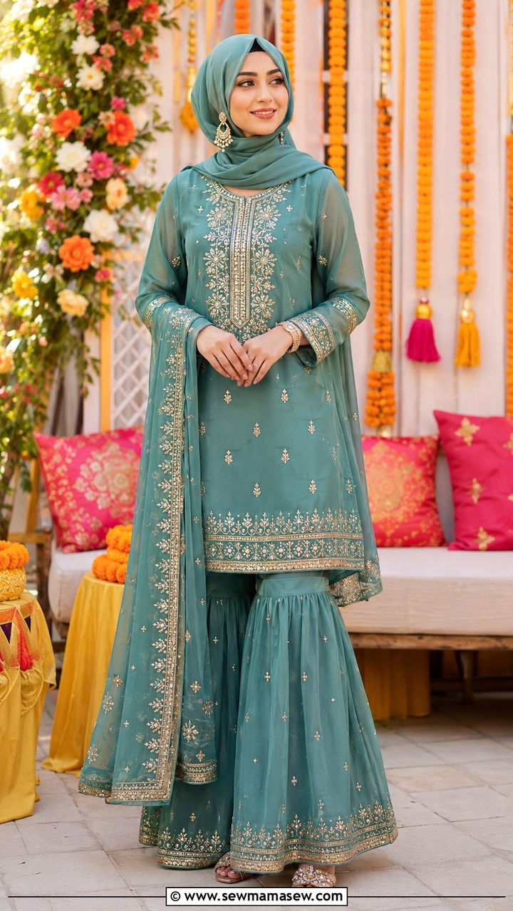Sharara Set With Embroidered Kurta - 30 Modest wedding guest outfit ideas for Muslim women