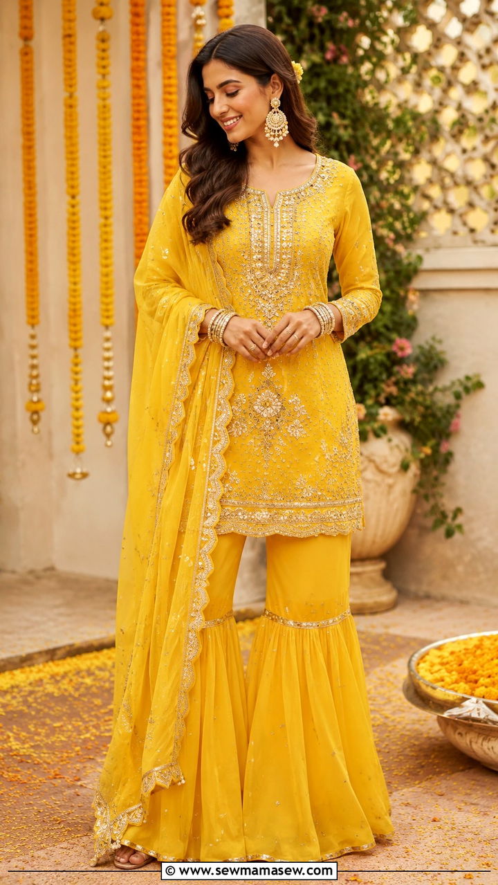 Sharara Set With Embroidered Kurta for Wedding - 20 Modest outfit ideas for sister of the bride