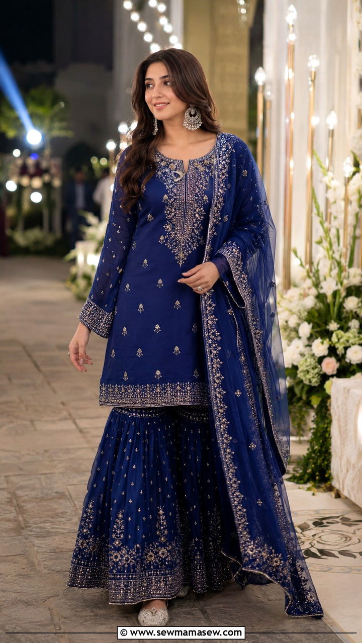 Sharara Set With Embroidered Kurta - 20 Wedding guest outfit ideas Barat ceremony