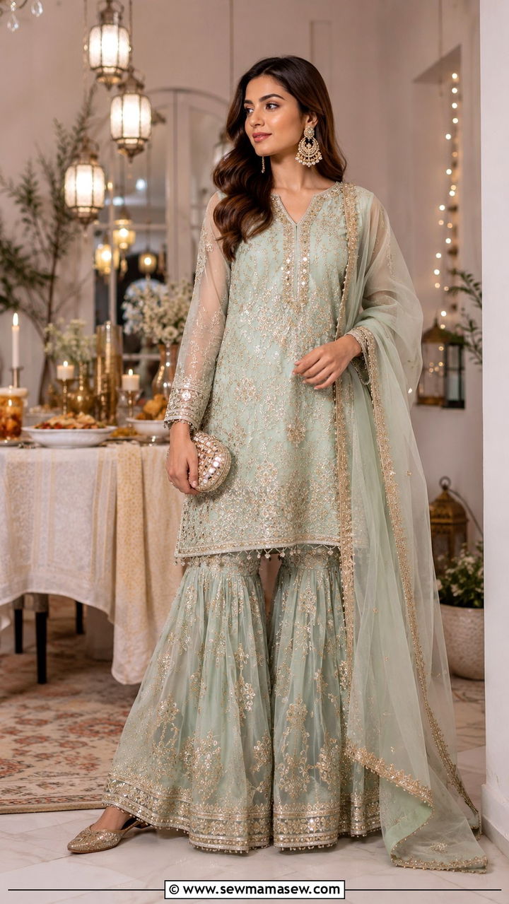 Sharara Set with Embroidered Kurta - 25 Ramadan matching set outfit ideas