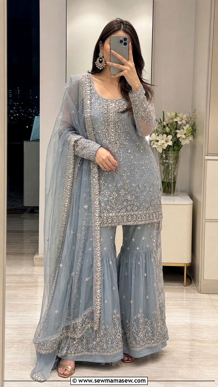 Sharara Set with Short Kurta - 25 Eid matching set outfit ideas