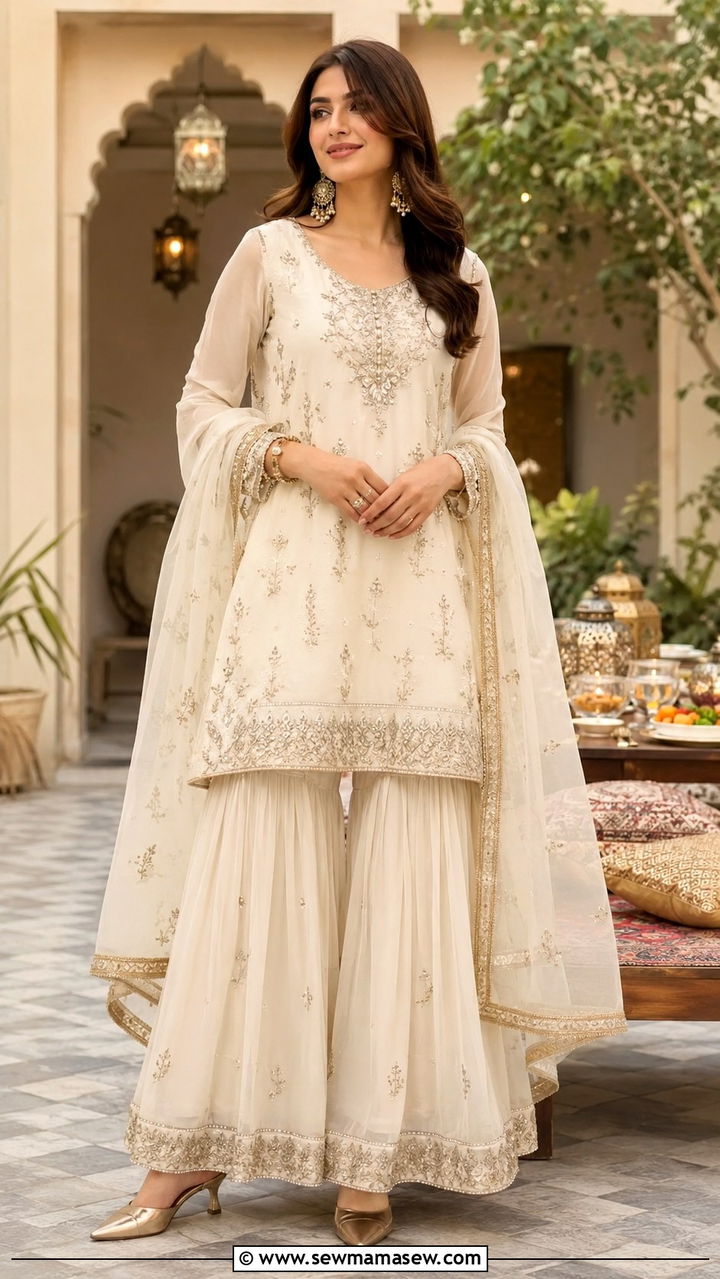 Sharara Set with a Short Kurti - 20 Modest outfit ideas for iftar