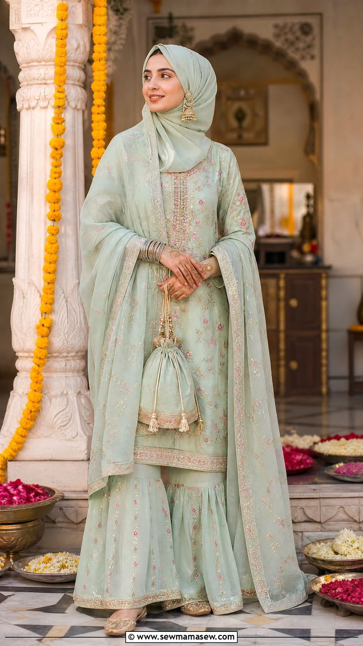 Sharara Suit With Embroidered Dupatta And Hijab - 30 Eid outfit ideas for hijabis