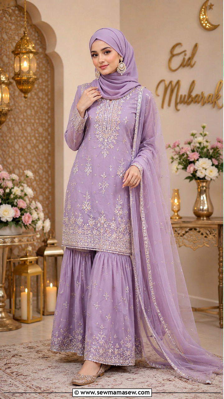 Sharara set with short kurta and dupatta - 30 Modest outfit ideas for Eid