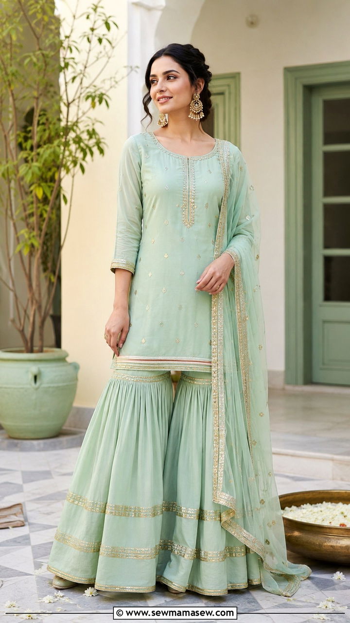 Sharara set with short kurta and dupatta - 20 Modest outfit ideas for India
