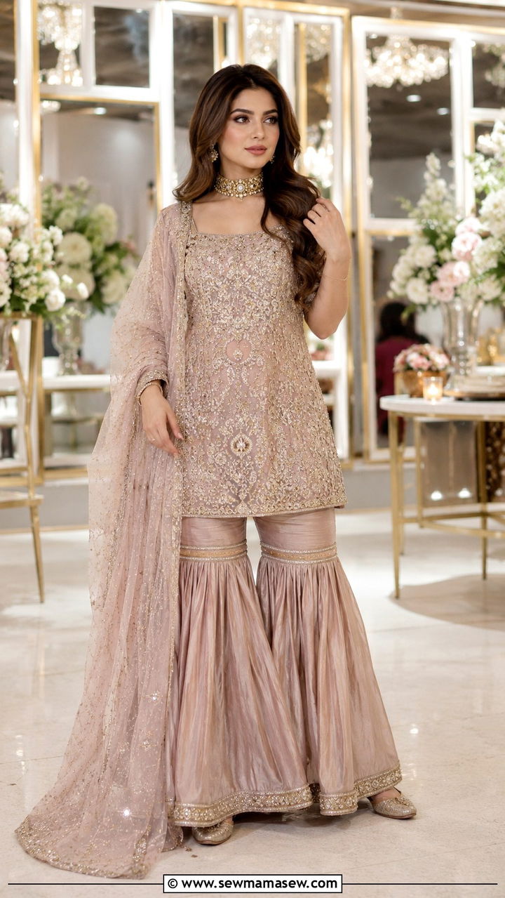 Sharara set with short kurti for Walima - 25 Wedding guest outfit ideas Walima ceremony