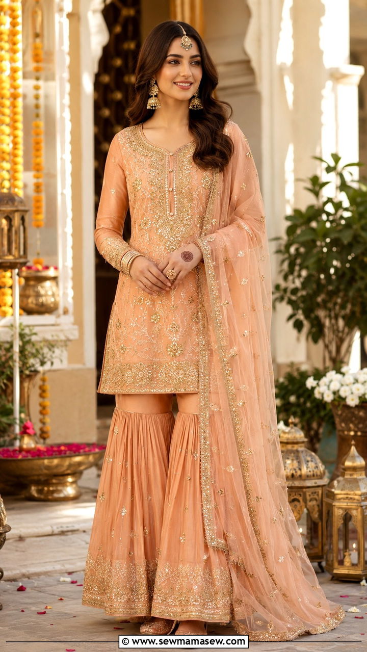 Sharara with short embroidered kameez for Eid - 30 Lahore outfit ideas