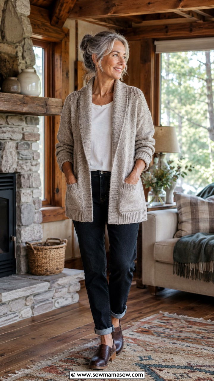Shawl Collar Cardigan with Cotton Tee and Dark Jeans - 30 Capsule wardrobe women over 50