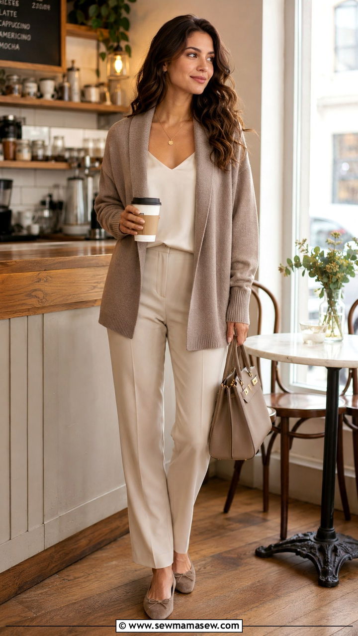 Shawl Collar Cardigan with Silk Cami and Trousers - 25 Quiet luxury outfit ideas for travel