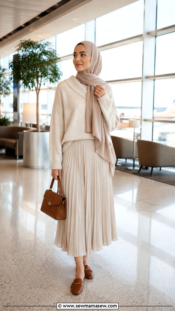 Shawl Collar Sweater with Pleated Midi Skirt and Flat Mules - 30 Modest outfit ideas for airport