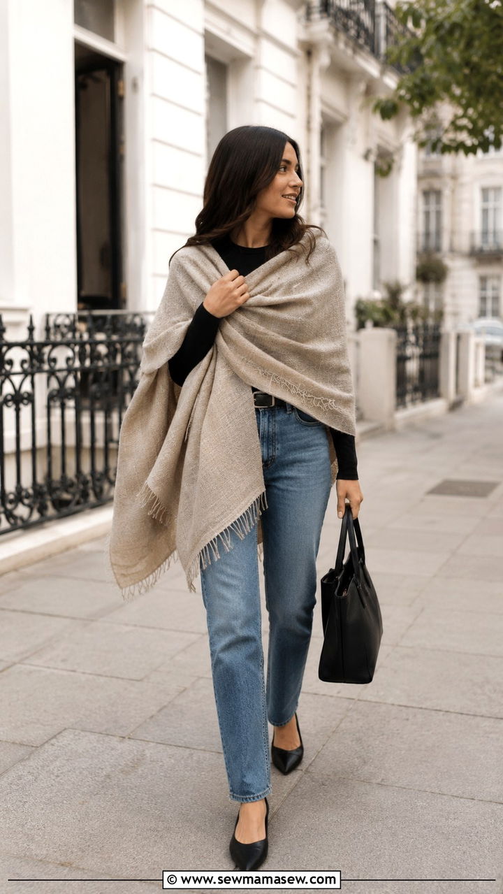 Shawl Over Jeans And Long Sleeve Top - 30 Modest outfit ideas minimalist