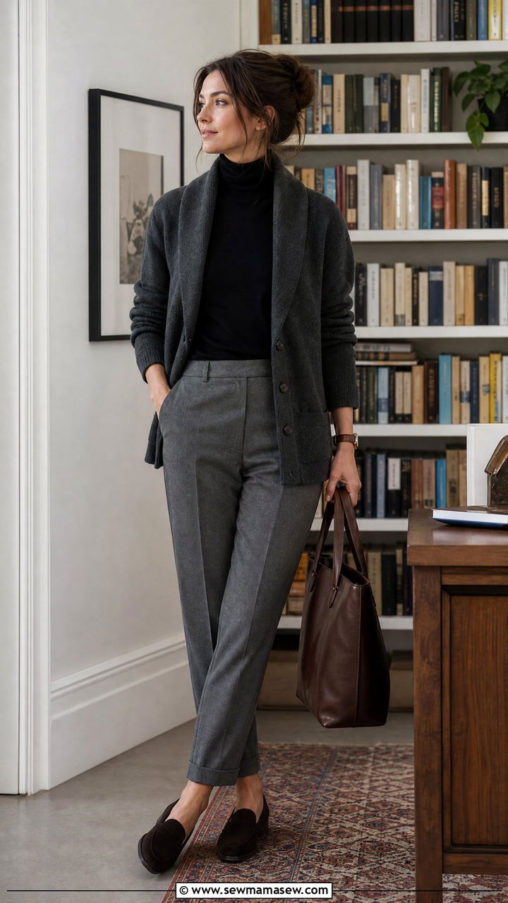 Shawl collar cardigan over turtleneck and tapered trousers - 25 Poetcore outfit ideas college professor aesthetic