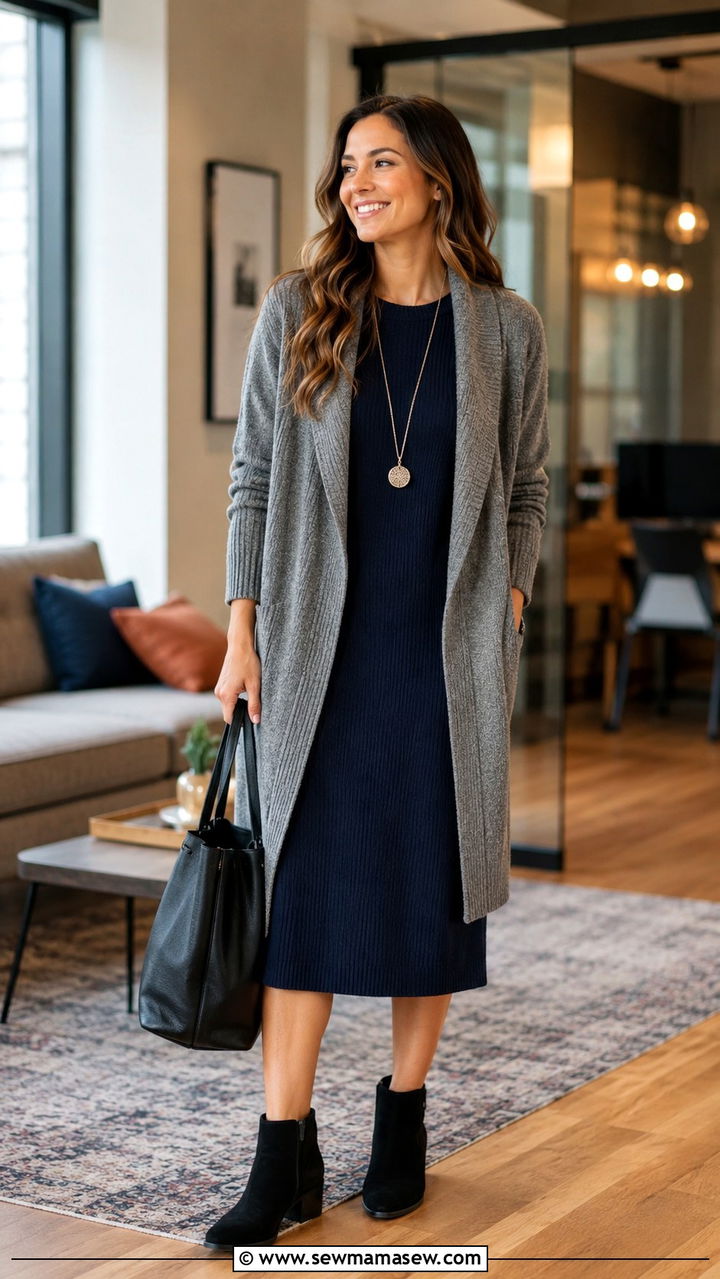 Shawl collar cardigan sweater with a midi dress and boots - 30 Sweater outfit ideas for work
