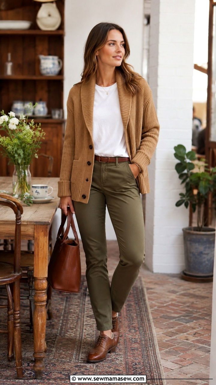 Shawl collar sweater with chinos and brogues - 30 Sweater outfit ideas for women over 40