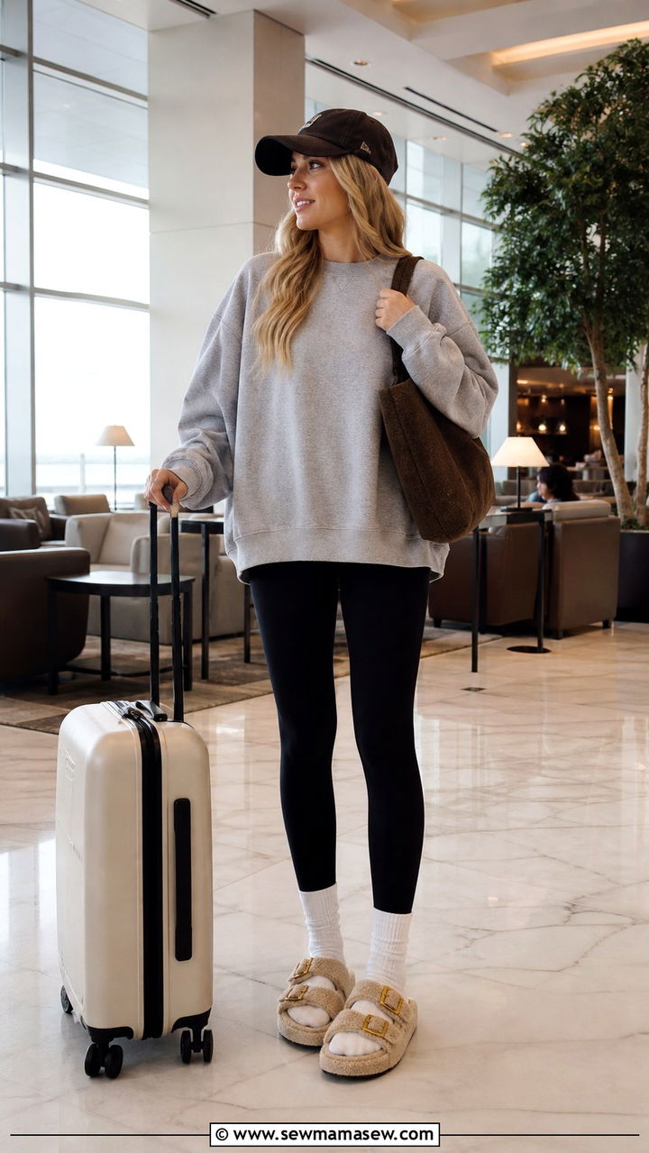 Shearling Arizona sandals with leggings and slouchy sweatshirt - 40 Birkenstocks outfit ideas