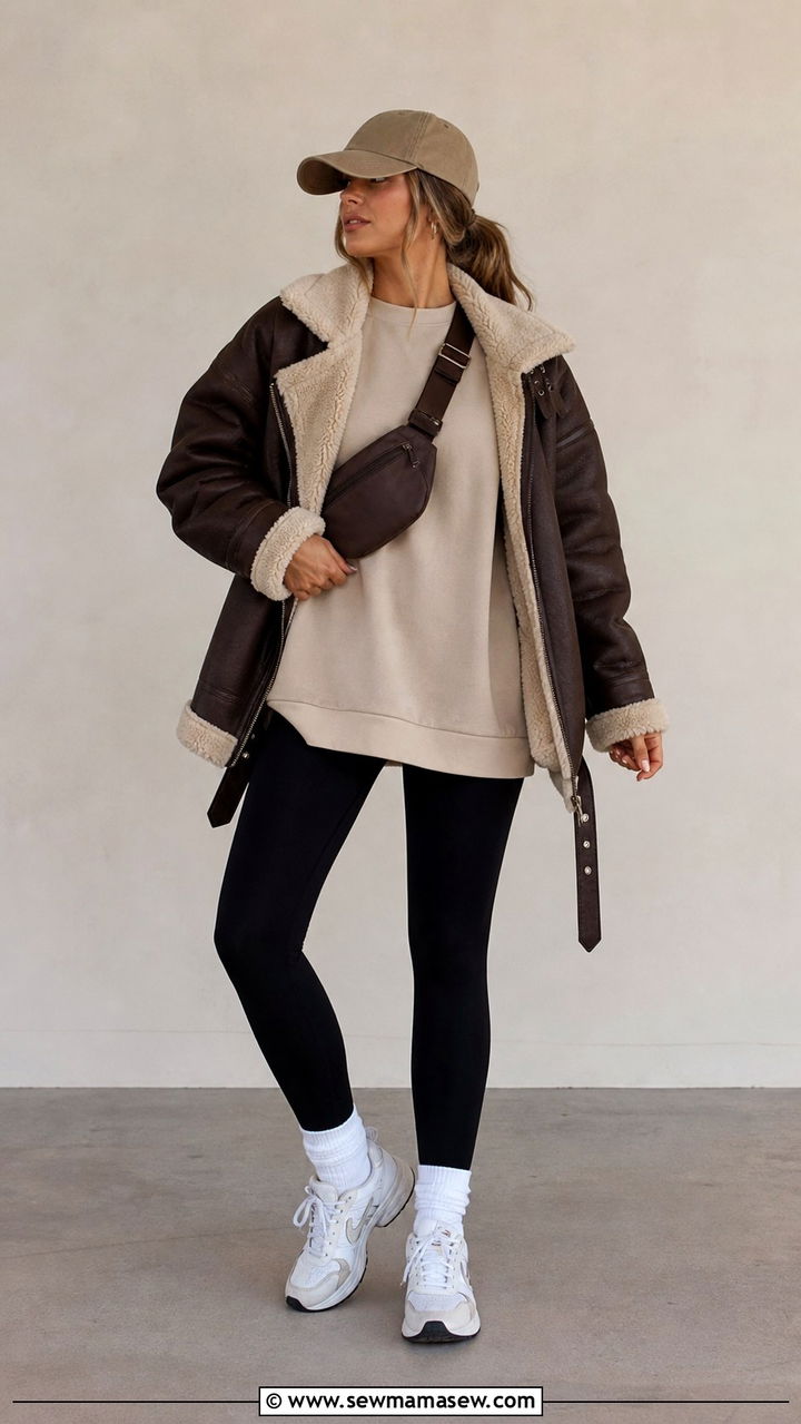 Shearling Aviator Jacket with Leggings and Sneakers - 40 Shearling jacket outfit ideas
