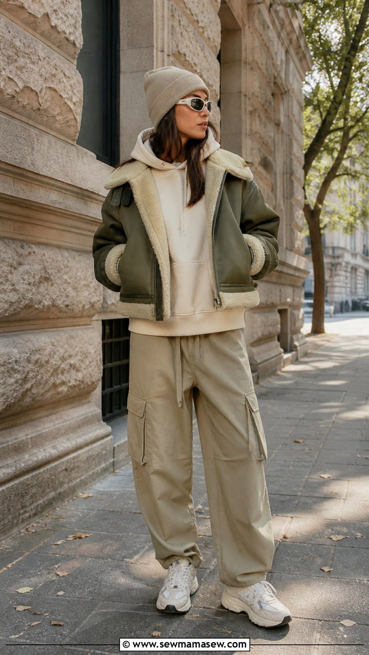 Shearling Bomber Jacket with Hoodie and Cargo Pants - 40 Shearling jacket outfit ideas
