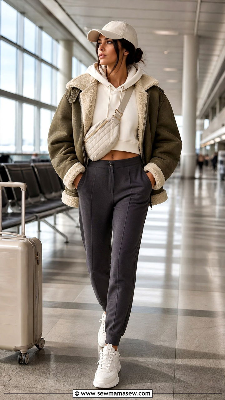 Shearling Bomber Jacket with Joggers and Sneakers - 40 Shearling jacket outfit ideas