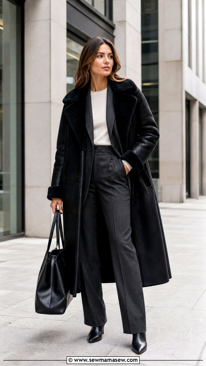 Shearling Coat Layered Over Blazer and Trousers - 40 Shearling jacket outfit ideas