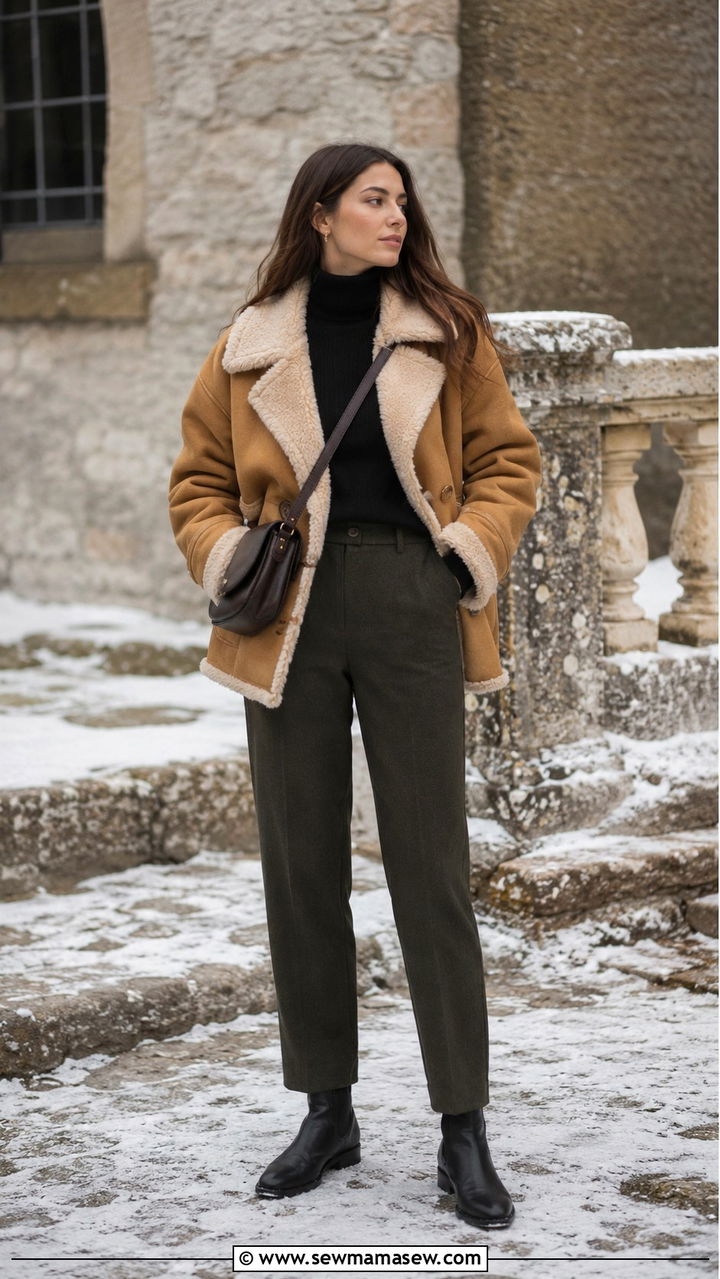Shearling Coat With Dark Wool Trousers - 20 Quiet luxury outfit ideas Max Mara style