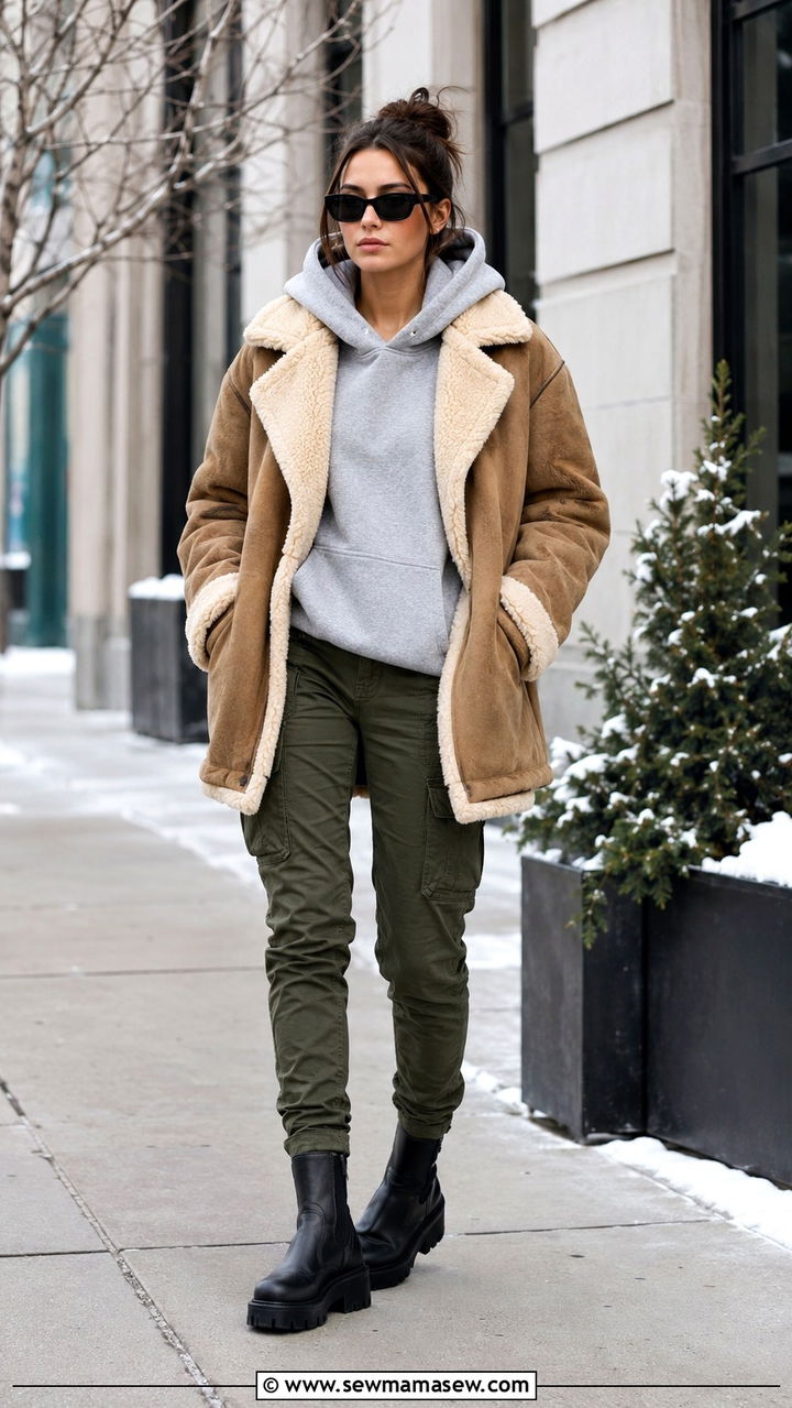 Shearling Coat With Hoodie and Cargo Pants - 30 casual model off duty outfits
