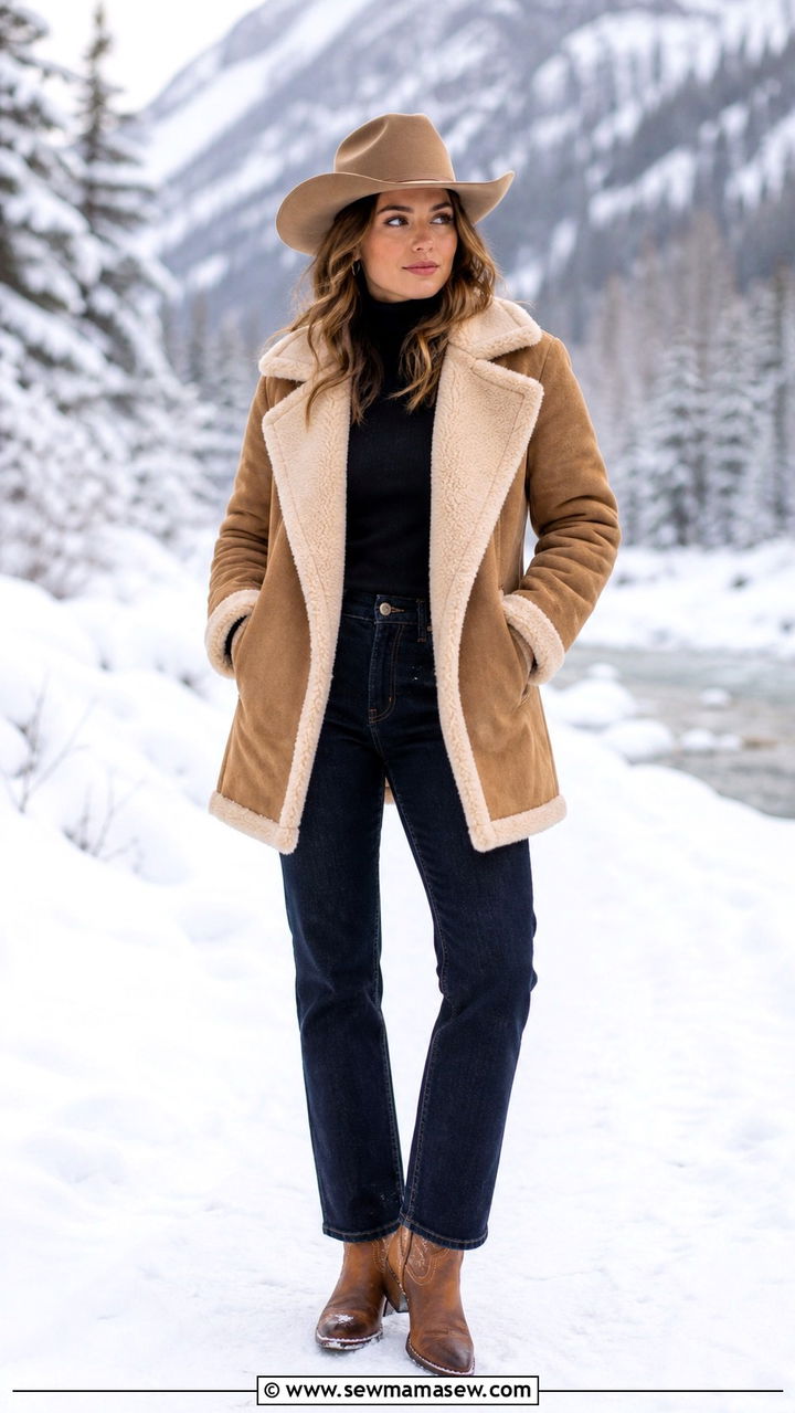 Shearling Coat with Straight Leg Jeans and Cowboy Boots - 40 Western outfit ideas
