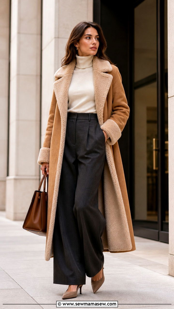 Shearling Coat with Wide Leg Trousers and Heels - 40 Shearling jacket outfit ideas