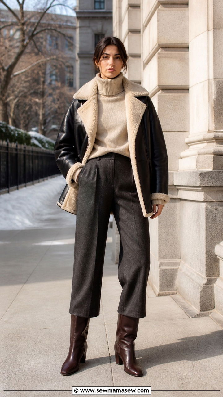 Shearling Coat with a Chunky Turtleneck Trousers and Leather Boots - 20 Quiet luxury outfit ideas Khaite style