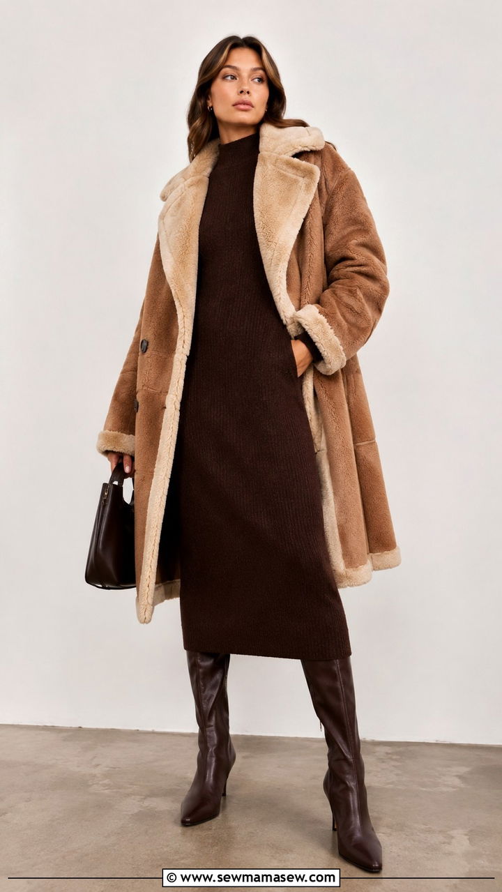 Shearling Coat with a Knit Midi Dress - 20 2026 outfits trends