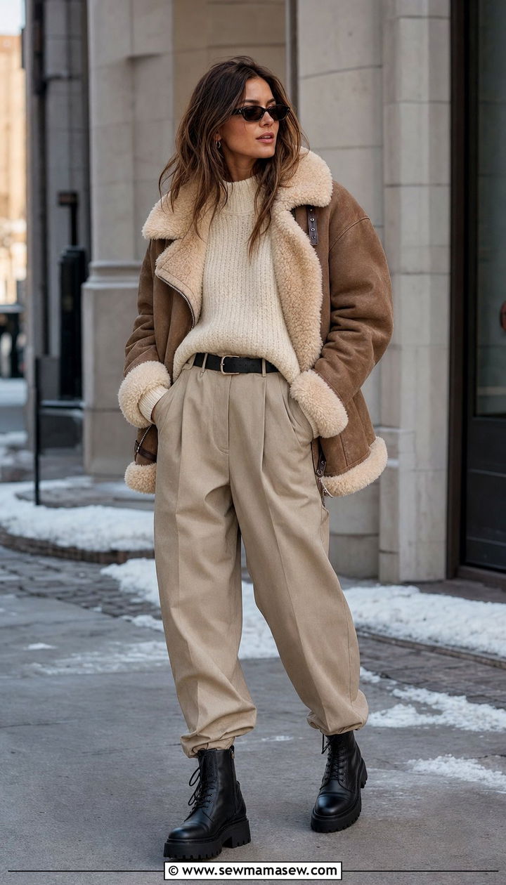 Shearling Jacket Chunky Sweater and Balloon Trousers - 25 classy model off duty outfit ideas