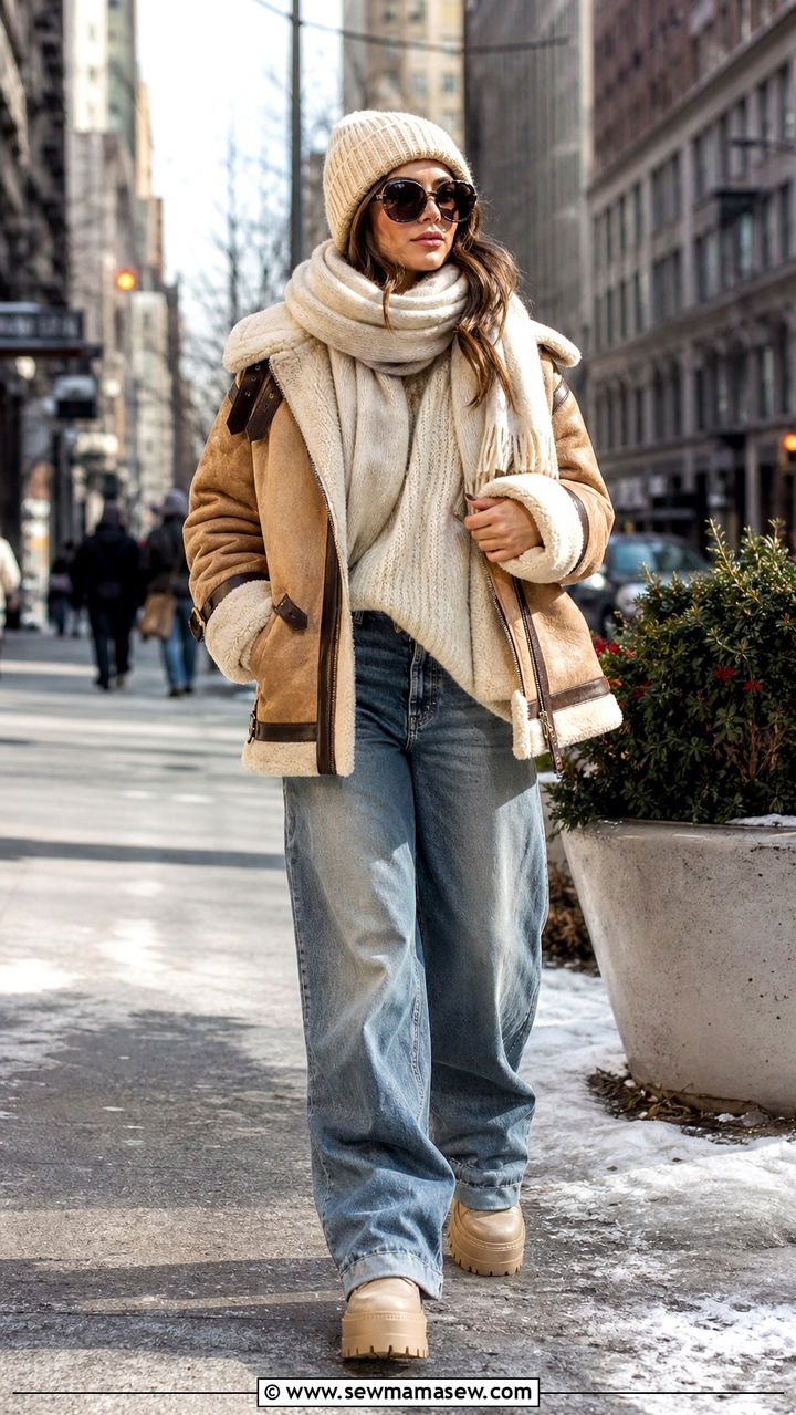 Shearling Jacket Winter Street Style Layered Outfit - 40 Shearling jacket outfit ideas