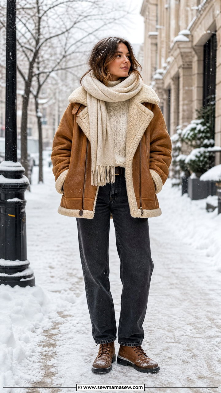 Shearling Jacket With Straight Jeans and Winter Boots - 25 Caroline de Maigret outfit ideas