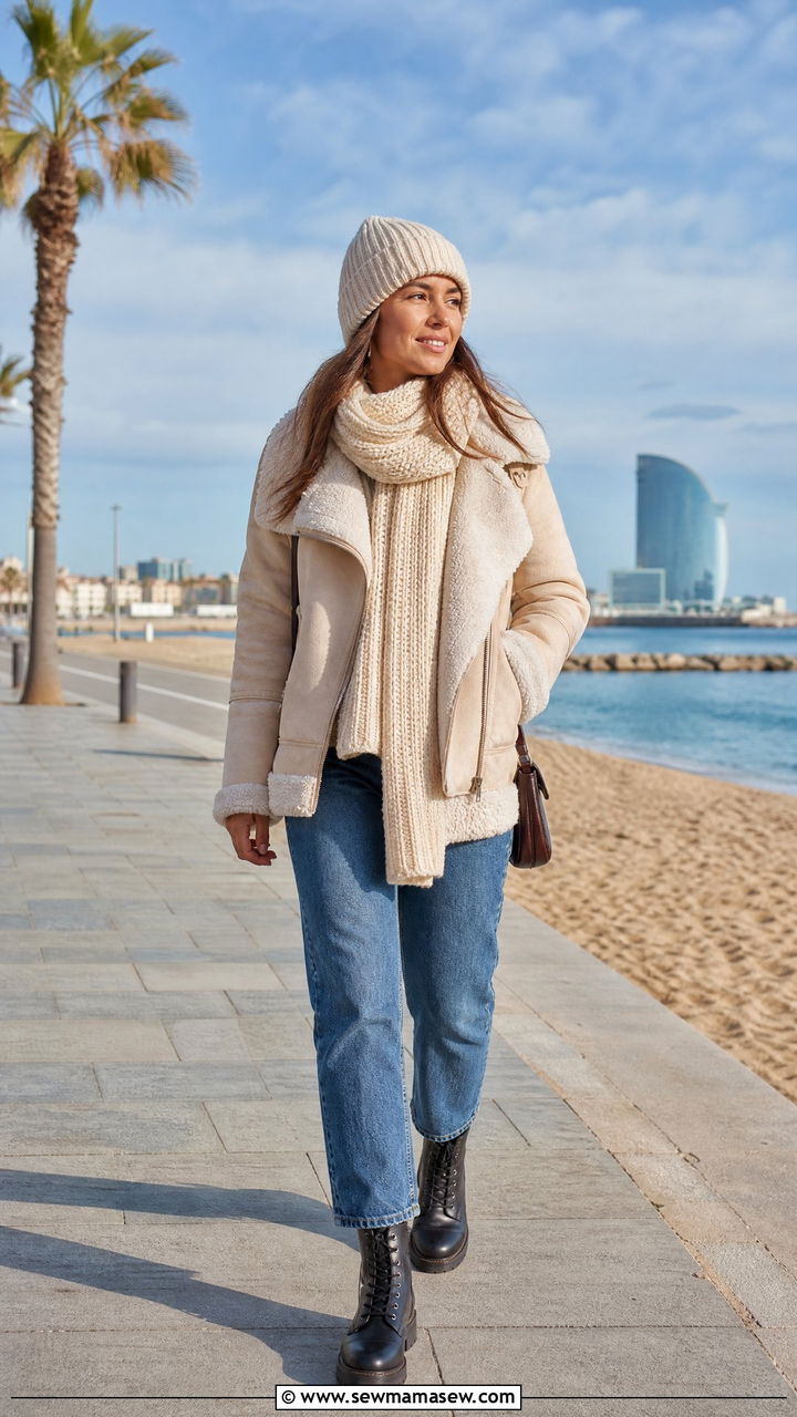 Shearling Jacket With Straight Leg Jeans And Lace Up Boots - 40 What to wear in Barcelona