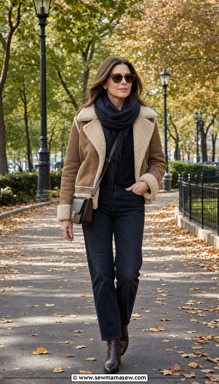 Shearling Jacket and Dark Jeans Look - 25 Stealth wealth outfit ideas for women over 40
