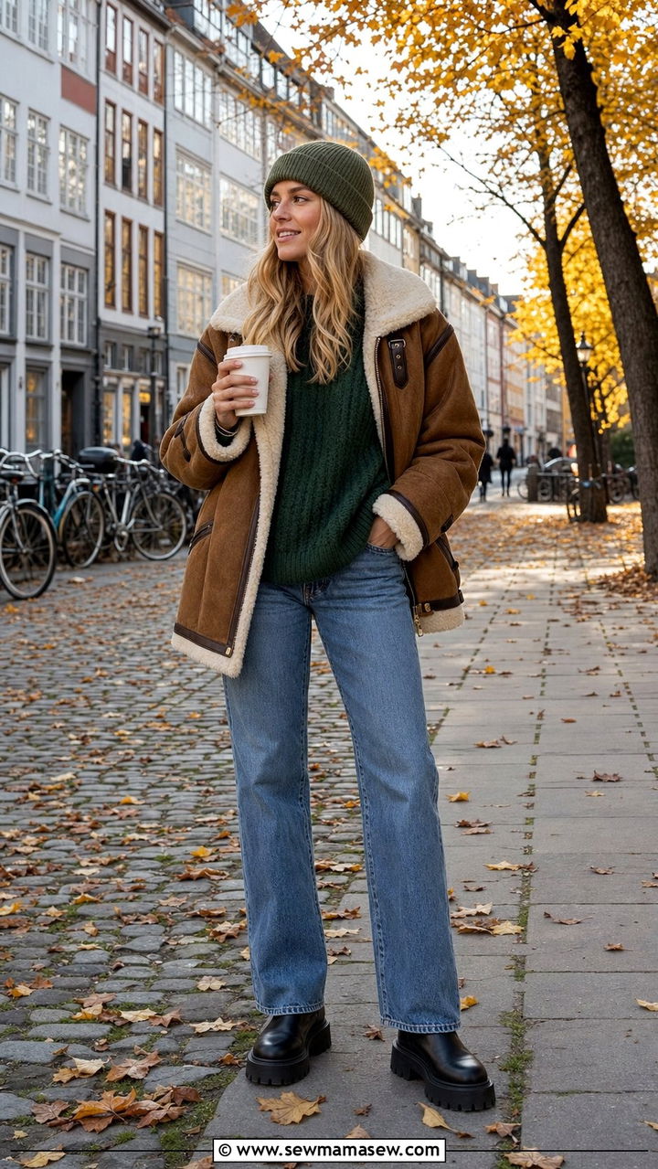 Shearling Jacket and Jeans Outfit - 25 Copenhagen outfits aesthetic