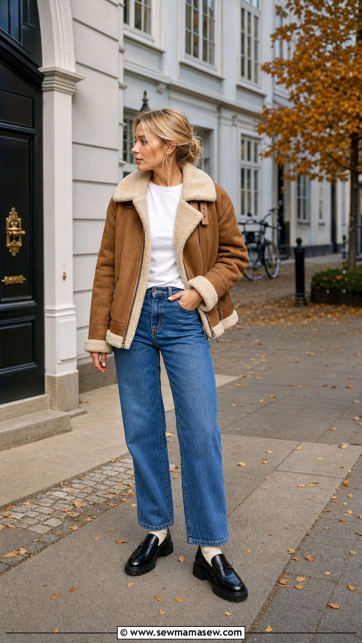 Shearling Jacket with Blue Jeans - 25 Copenhagen outfits inspo