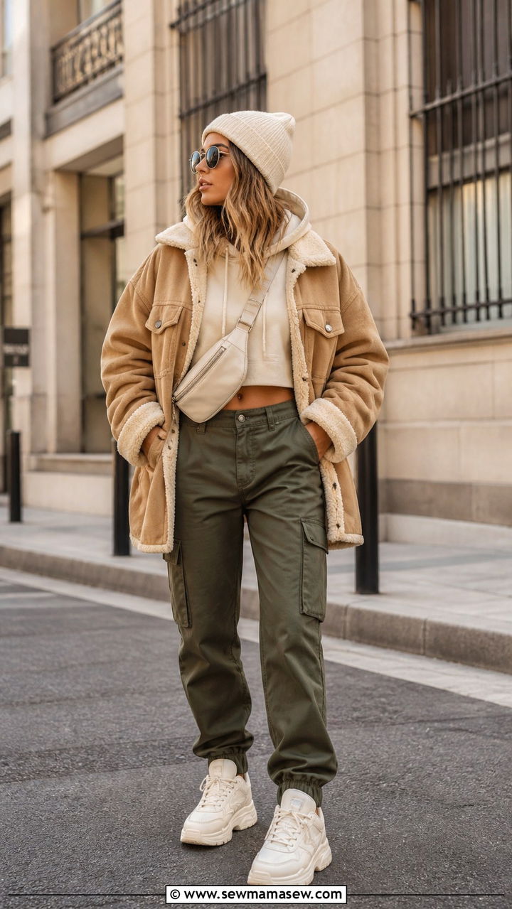 Shearling Jacket with Cargo Pants and Chunky Sneakers - 40 Shearling jacket outfit ideas