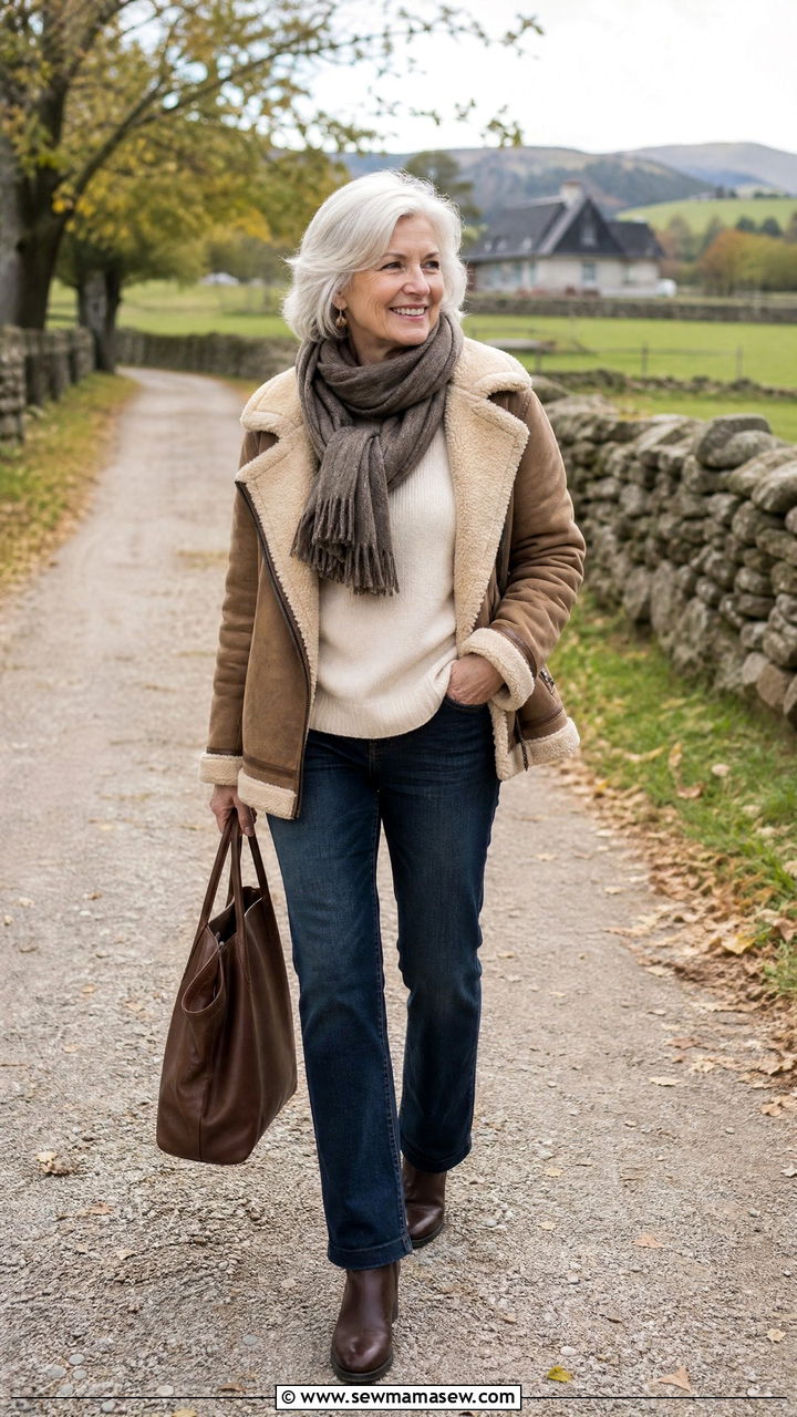 Shearling Jacket with Dark Wash Jeans - 20 Quiet luxury outfit ideas for women over 60