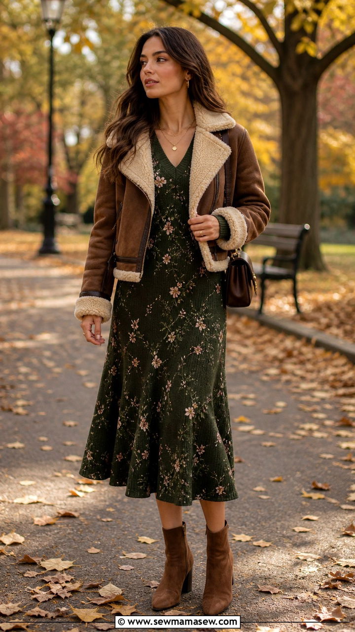Shearling Jacket with Midi Dress and Ankle Boots - 40 Shearling jacket outfit ideas