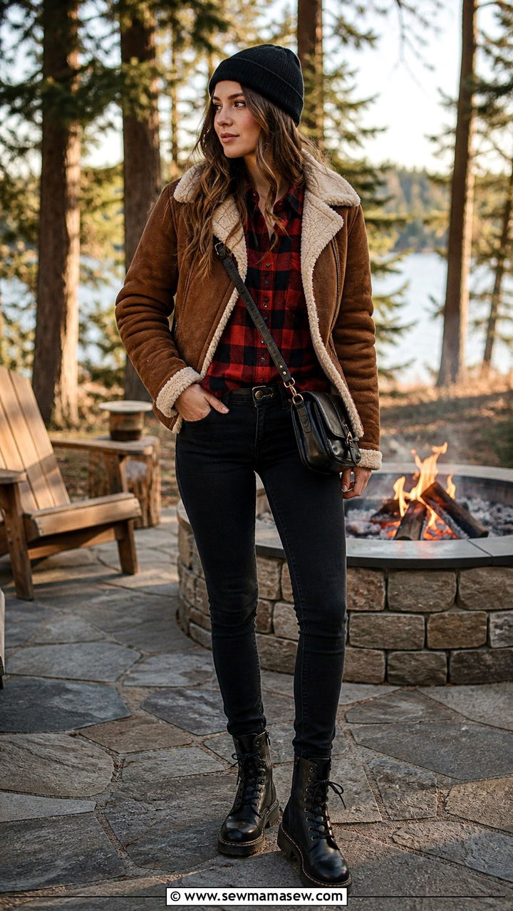 Shearling Jacket with Plaid Shirt and Combat Boots - 40 Shearling jacket outfit ideas